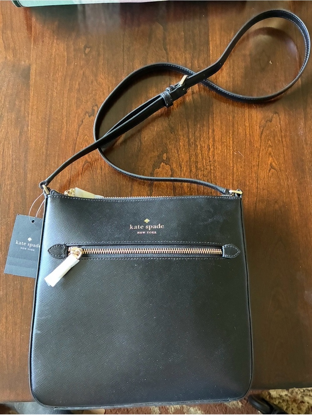 kate spade black textured leather crossbody with gold-tone trim